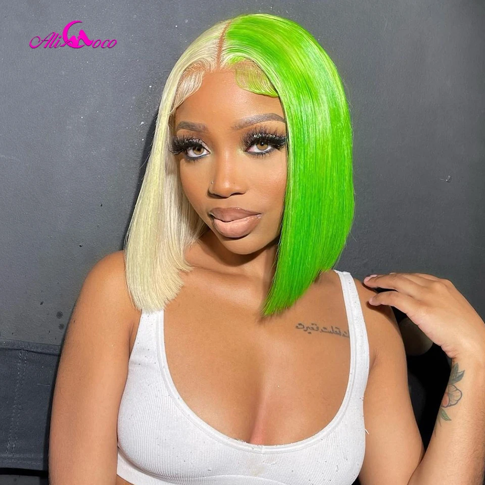 

Half Blonde Half Green Bob Wig 13x4 Lace Frontal 100% Human Hair Wigs Green Brazilian Straight Short Bob Wig Remy Hair Ali Coco