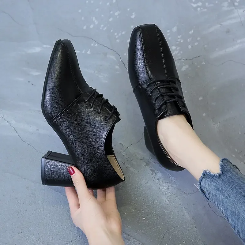 Женские кожаные туфли на высоком каблуке из мягкой кожи в британском ретро-стиле