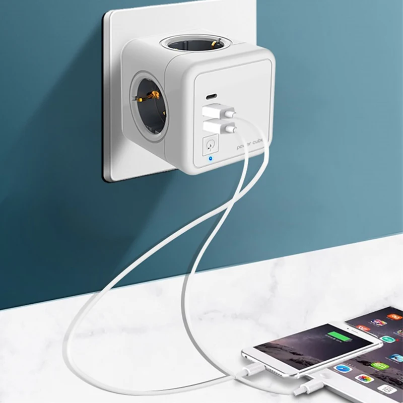 

European Standard Plug Conversion Socket European Standard Converter 4 Socket + 2 USB Port + Switch + Blue Light +Type C 3Colors