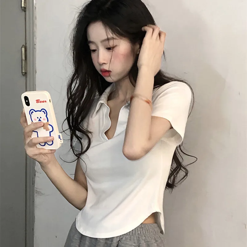 Женская футболка с воротником-поло в стиле Hot Girl коротким рукавом ниша облегающая