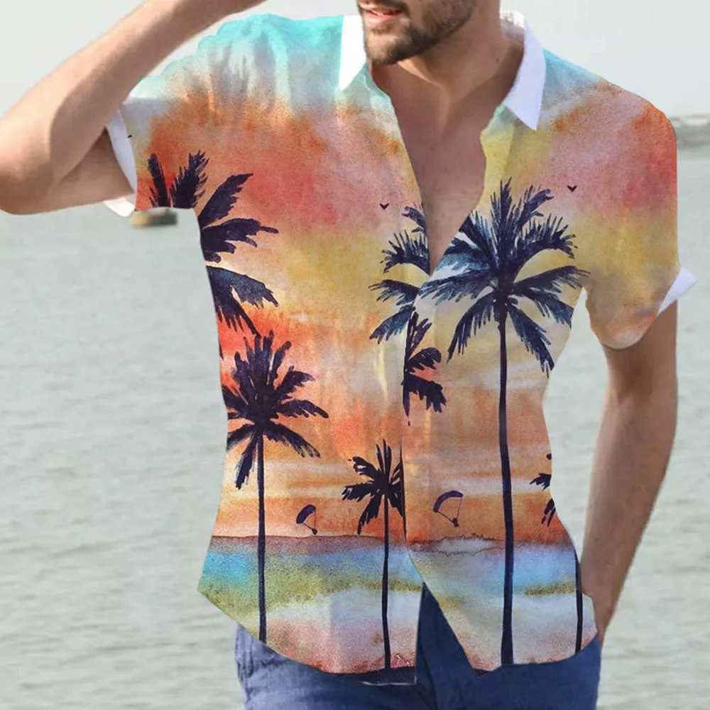 

2022 New Fashion Men Shirt Short Sleeve Printing Patchwork Single-breasted Lapel Straight Leisure Summer Cotton Shirt For Men