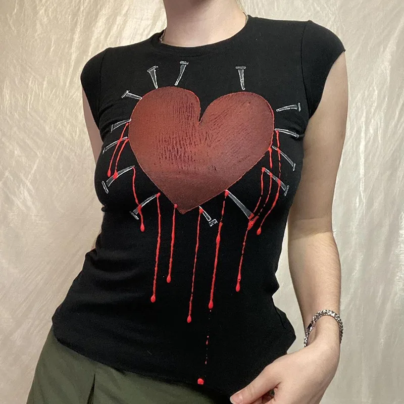 

E-girl Готический топ с принтом сердца темная Академия черный жилет Y2K эстетичный винтажный облегающий кроп-Топ Harajuku гранж уличная одежда