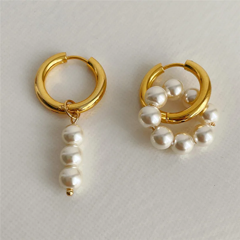 Новинка 2024 позолоченные Асимметричные жемчужные висячие серьги круглые