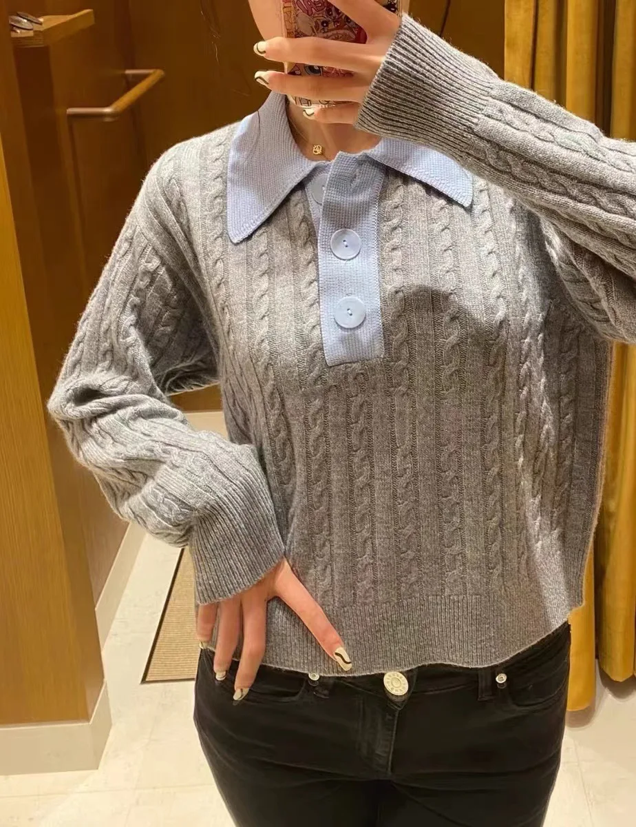 

Women Pullover 2022 Autumn and Winter New Sweater Lapel Twist Long-sleeved Knitted Sweater Top 2 Colors