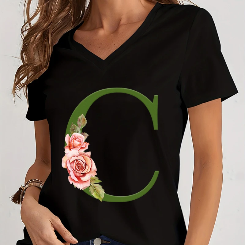 Женская футболка с V-образным вырезом Винтажная буквами Сакуры и графическим