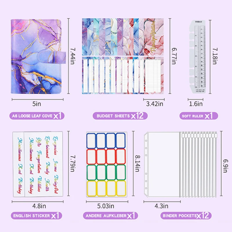 

1set A6 Marble Colorful Money Budget Planner Binder Zipper EnvelopesCash Envelopes For Budgeting Money Organizer For Budget Bind