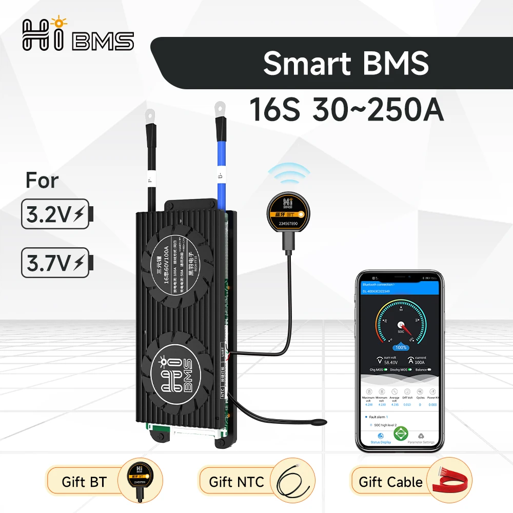Smart BMS 16S Lifepo4 Li-ion 18650 Battery 48V 30A 40A 60A 80A 100A 120A 150A 200A 250A Bluetooth Balance Electric Scooter
