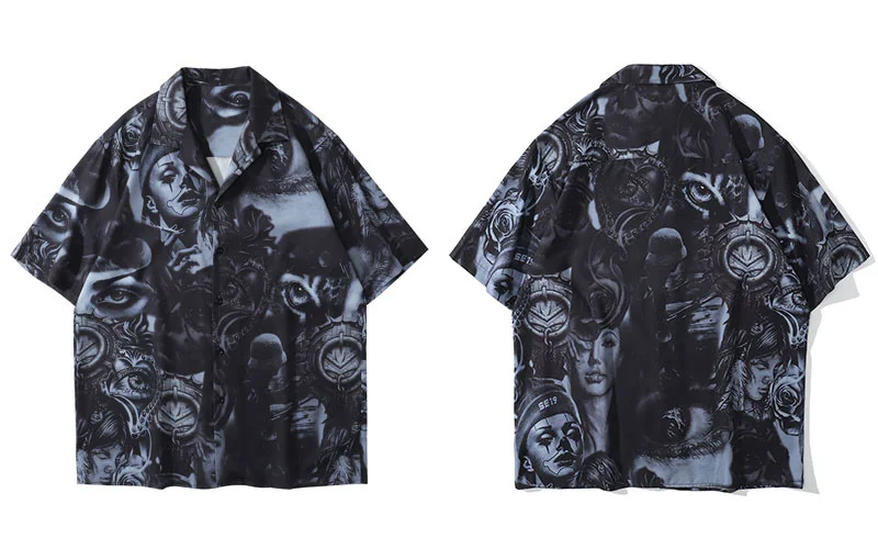 

Гавайская уличная одежда в стиле хип-хоп, креативная рубашка в стиле панк-рок, готика, мужская повседневная рубашка на пуговицах для праздни...