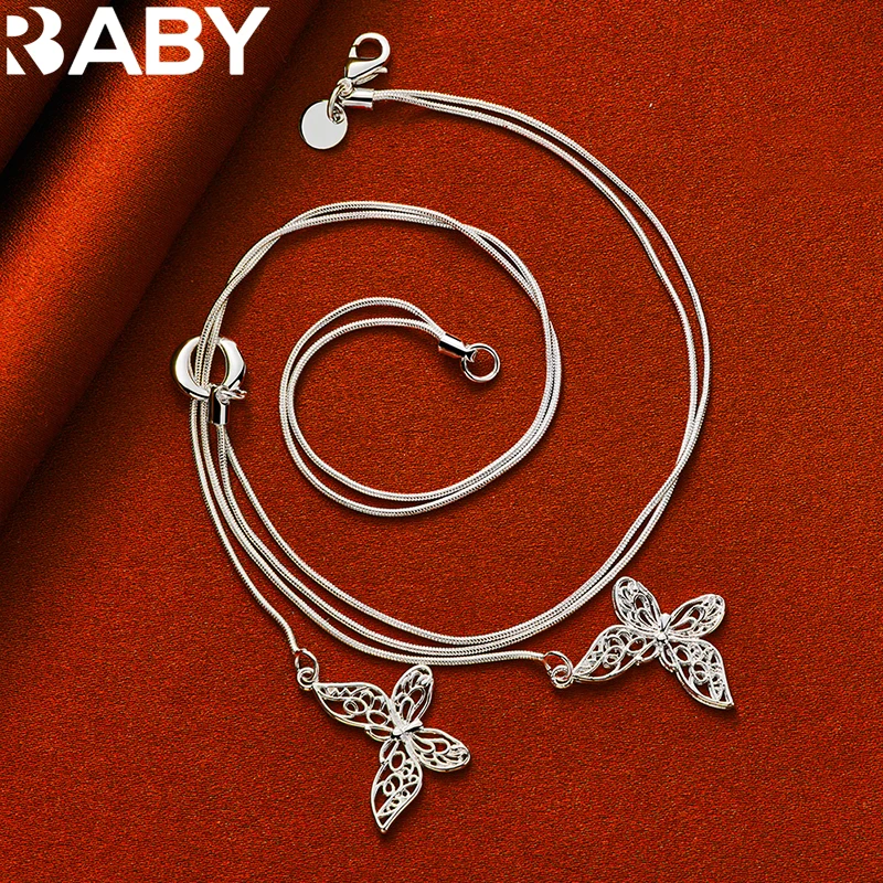 

New Charm 925 Sterling Silver Beautiful Two Butterfly Pendant Necklace Snake Chain For Woman Fashion Wedding Accessories Jewelry