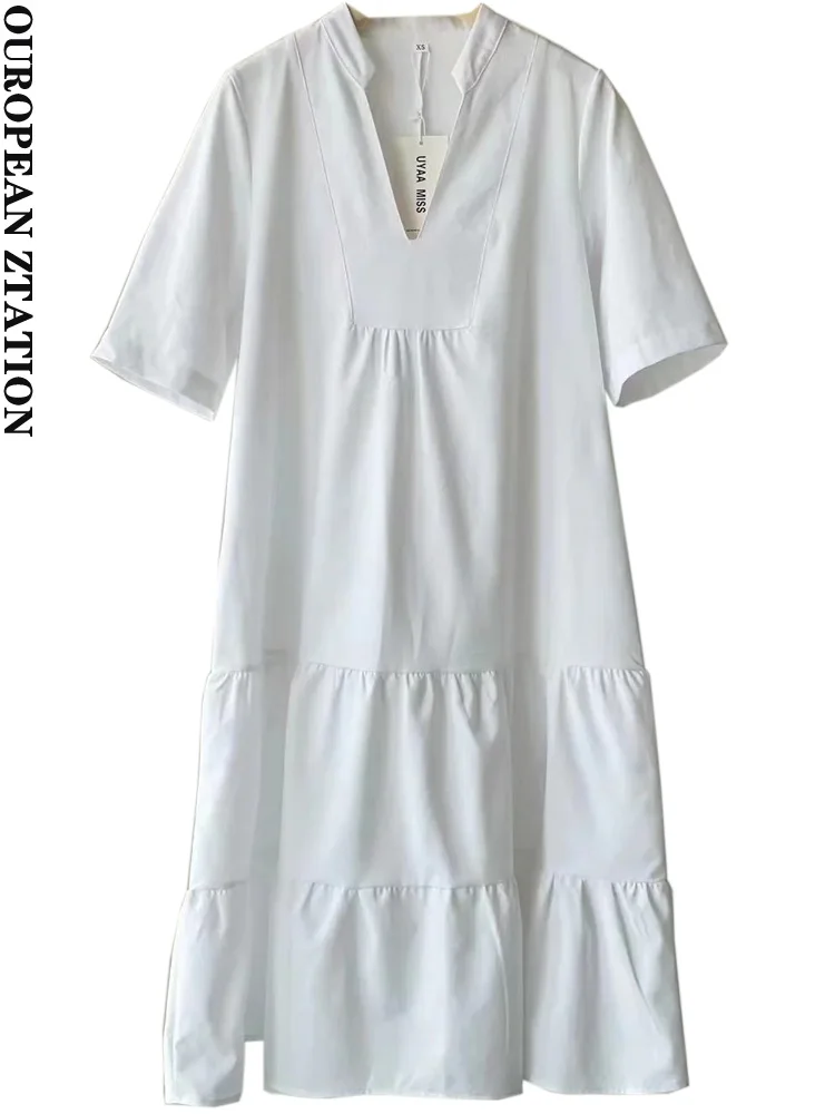 

PAILETE Women 2022 fashion with linen cotton blend ruffled midi dress vintage v-neck short sleeves female dresses vestidos mujer