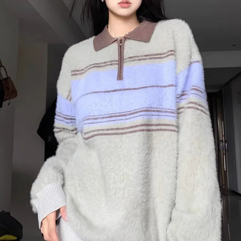 

American Retro Loose Sweater Men'S And Women'S Half Zipper Polo Collar Knitwear Autumn And Winter Mink-Like Top