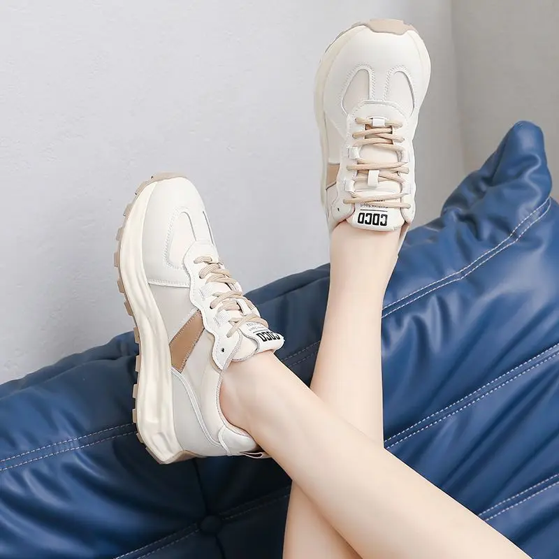 SOMILISS Women's Chunky Platform Sneakers Genuine Leather Casual Sneakers Lace Up Ladies Fashion Breathable Running Shoes