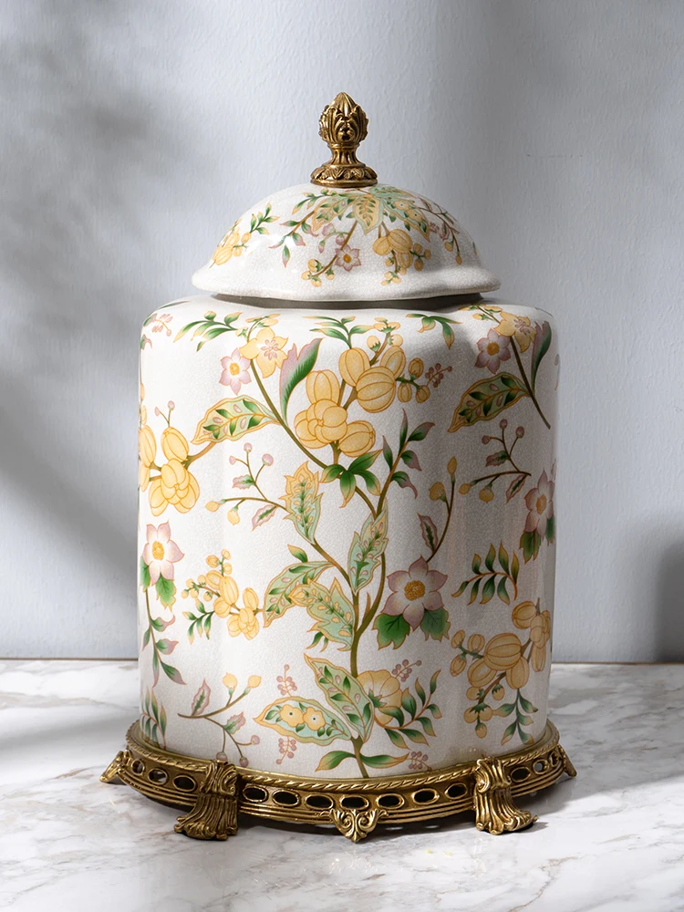 

Ceramic Jar with Lid Brass Handle Chinese Retro Tea Tins Kitchen Items Cereal Dispenser Home Decore Hand made Crafts Collectible