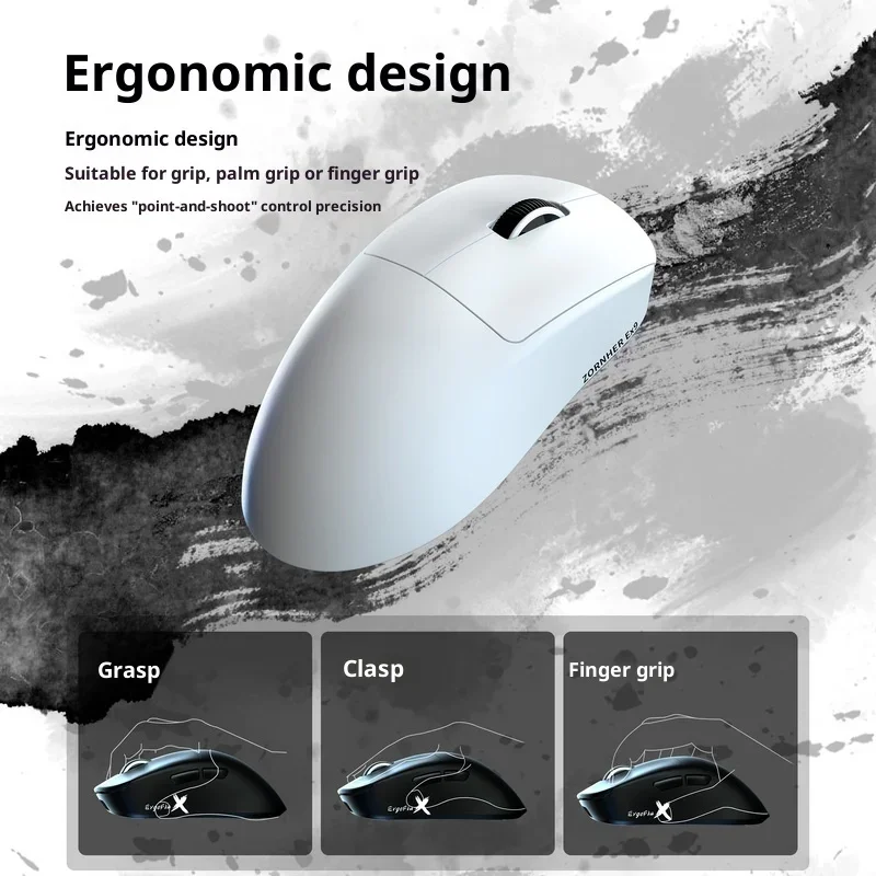 Фото ZORNHER Ergoflux9, трехрежимная беспроводная мышь PAW3950, двойной 8 кГц, эргономичная игровая мышь FPS, 57 г, легкий подарочный ПК №2