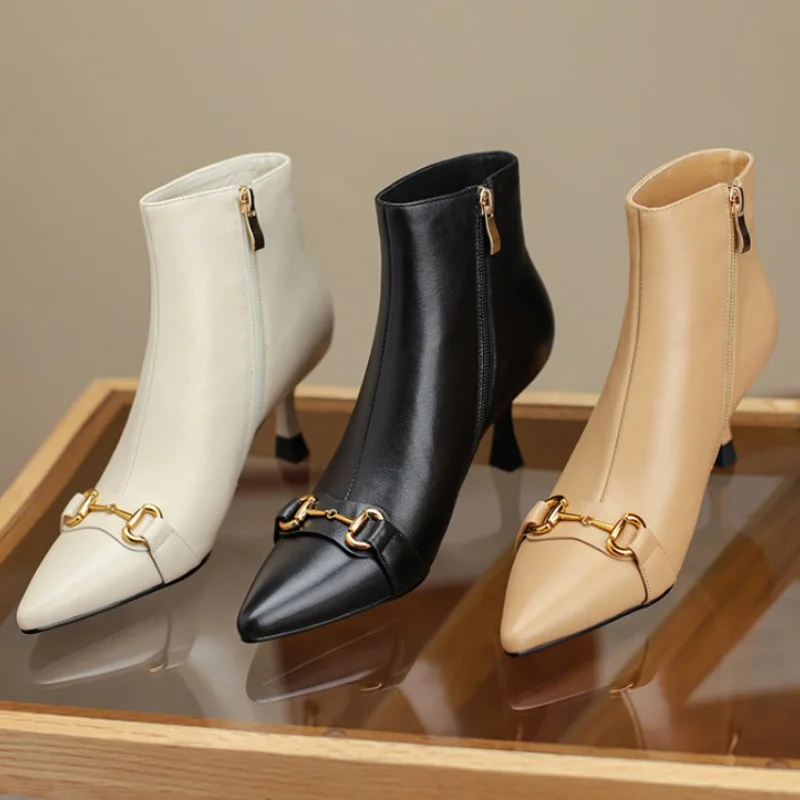 

Autumn and Winter Women's Short Boots Large 43 Leather Boots New Plush High Heels Women's Shoes Full Leather Fashion Nude Boots