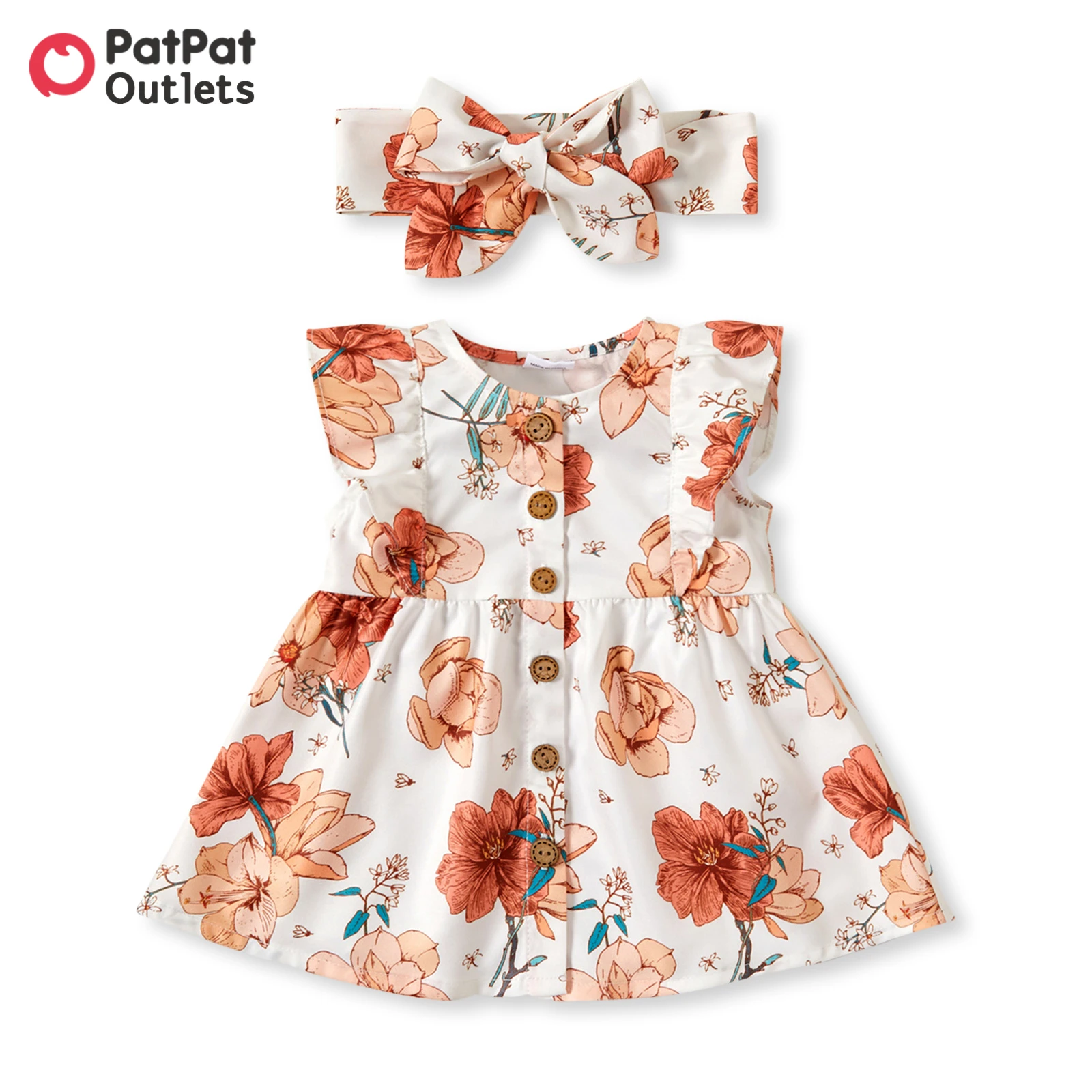 

2pcs Summer Baby Girl Clothes 100% Cotton Cute Solid/Floral-print Sleeveless Ruffle Button Up Dress with Headband Set