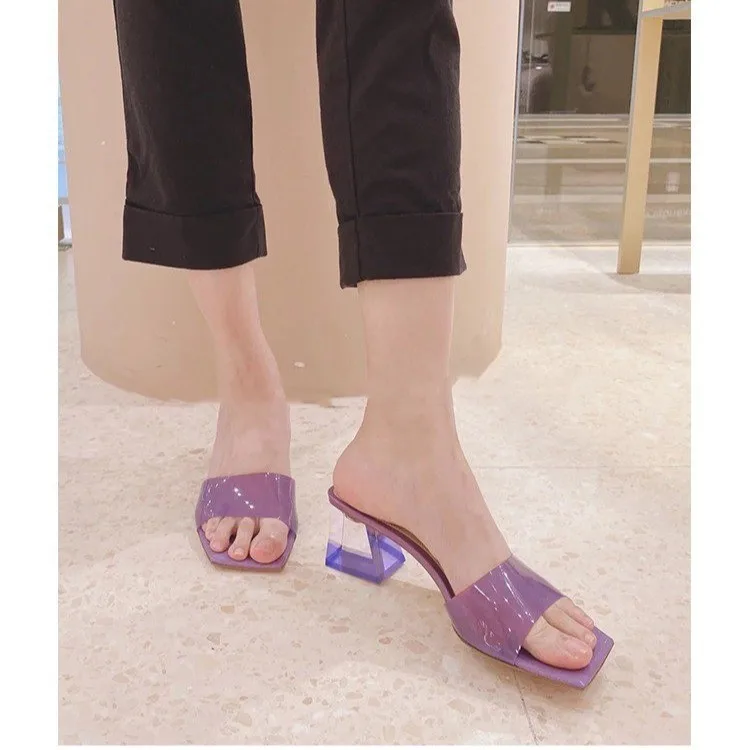 

Clear Crystal Heel Slippers Nude Square Open Toe Female Pumps Simple Sandals Slip On Shallow Women Mules Femme