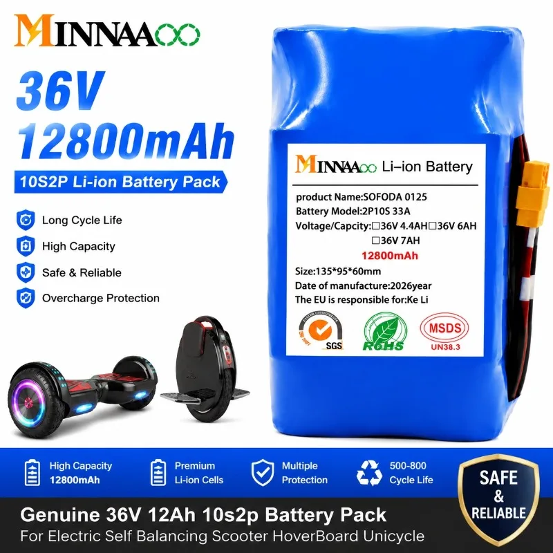 Фото Литиевая аккумуляторная батарея MINNAAOO 36В 12800мАч 10S2P 18650 Li-ion с BMS для гироскутера, электросамоката, моноколеса №3