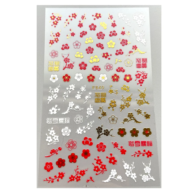 

Plum Bossom Flowers 3D Nail Sticker Art Sliders Red White Gold Floret Decals Decorations Stickers For Manicure Accessories