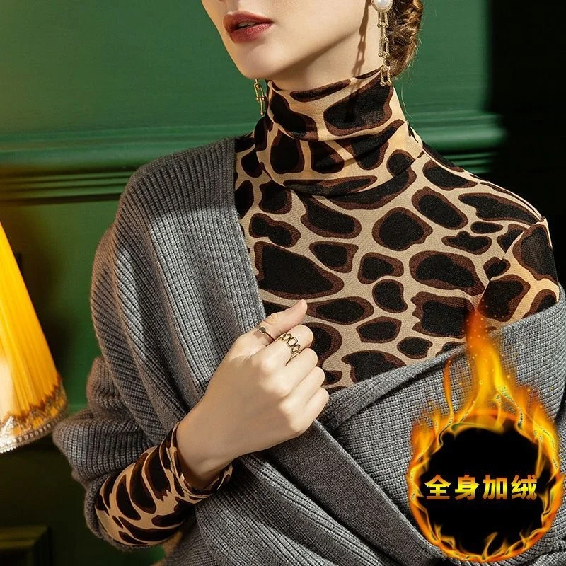 

Новинка 2023, Женская Облегающая рубашка с леопардовым принтом и высоким воротником, с длинным рукавом, Осенние футболки, женские топы