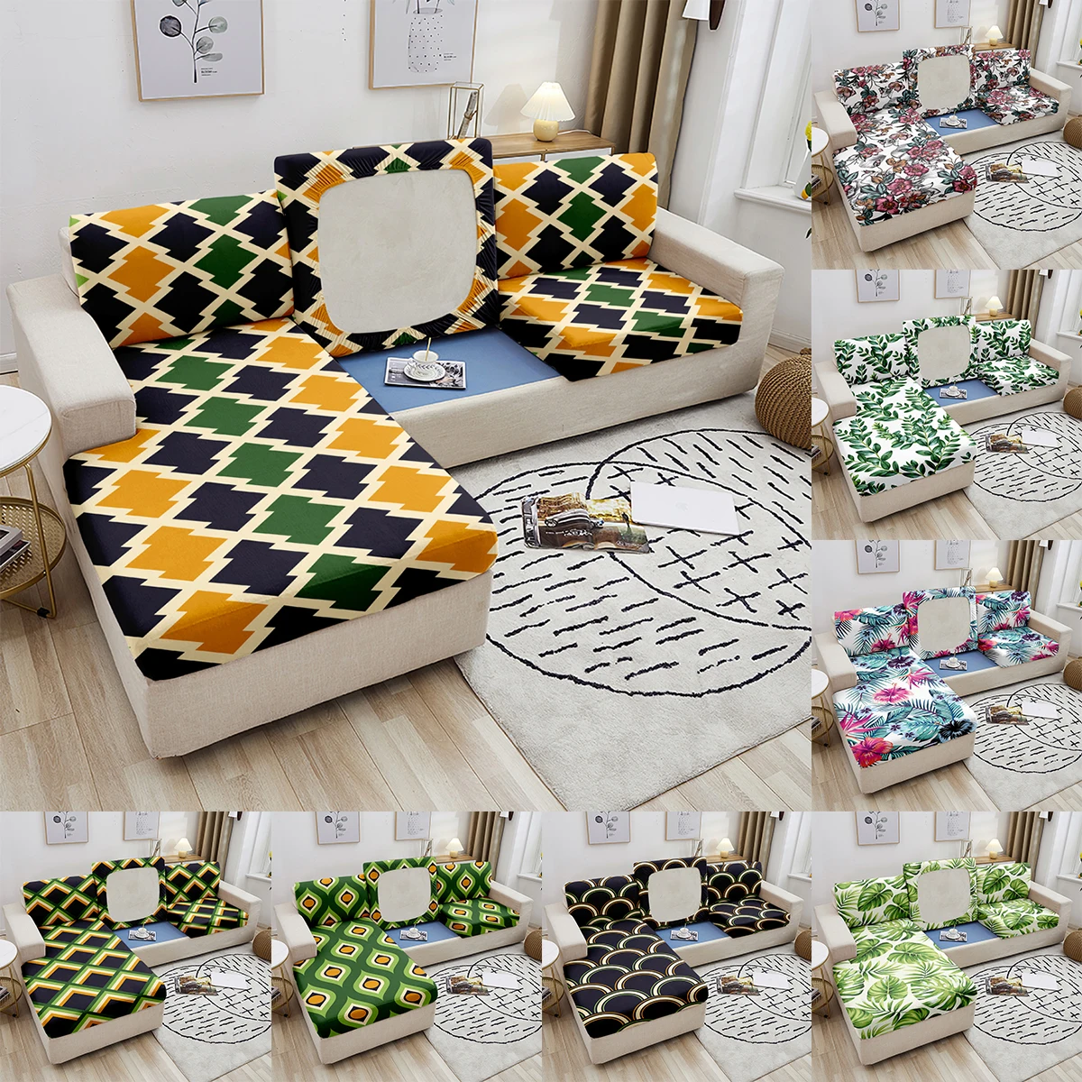 

Geometric Printed Sofa Seat Cushion Cover Elastic Sofa Seater Case for Living Room Stretch Green Grid Couch Cover 1/2/3/4 Seater