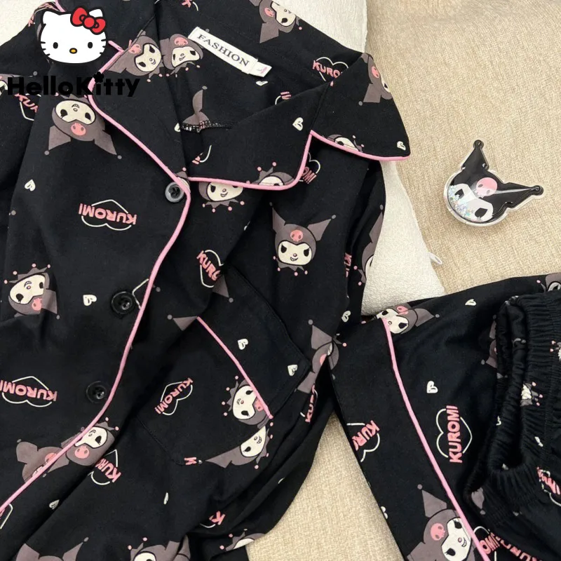 Sanrio Kuromi Women's Pajamas Cartoon Cute 2023 New Ins Spring Long-sleeved Students Adult Cardigan Sleepwear  Pajamas Set