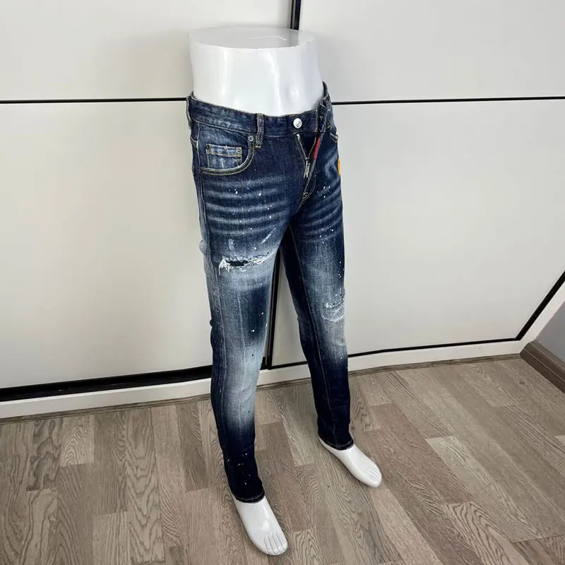 Street Fashion Men Jeans High Quality Retro Blue Elastic Slim Fit Painted Ripped Jeans Homme Embroidery Designer Brand Pants Men