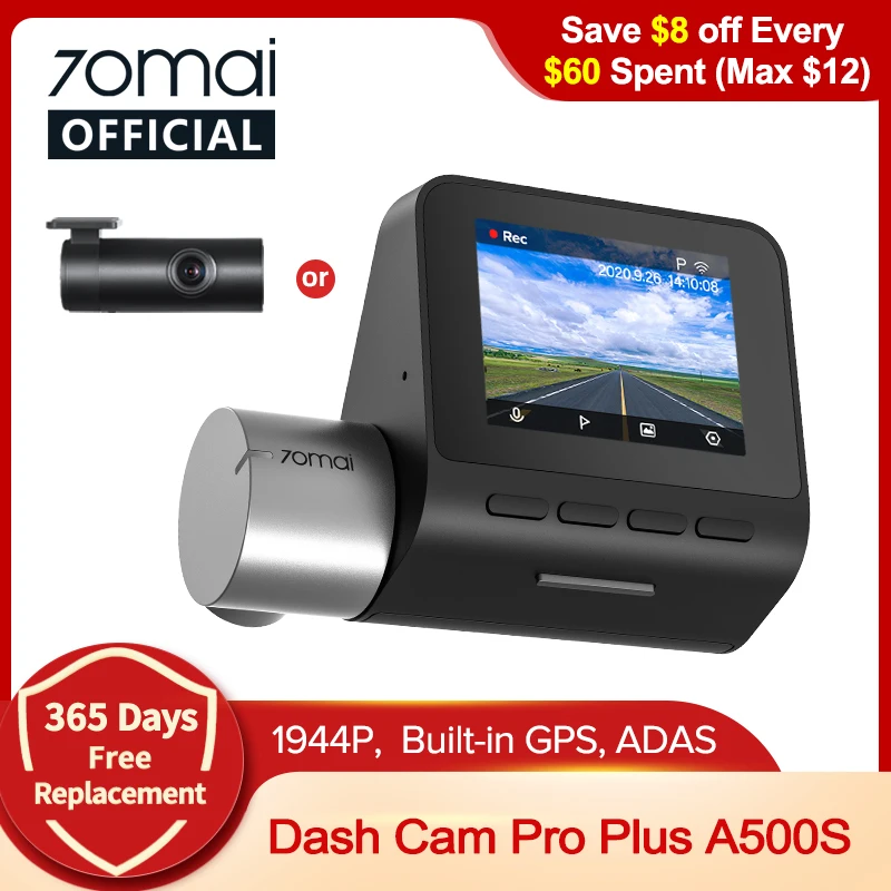 

70mai Pro Plus Dash Cam 70mai A500S Car DVR Built-in GPS 1944P Speed Coordinates ADAS 24Hours Parking A500S Support Rear Cam