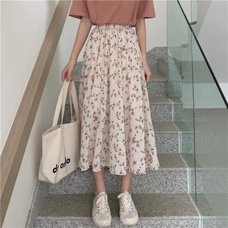 

Vintage Floral Print A-line Pleated Long Skirts Summer Women 2023 Korean Skirt Streetwear Drawstring Elastic Waist Midi Skirt