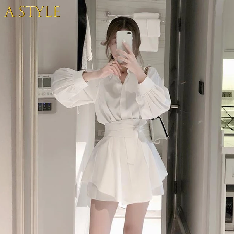 

A GIRLS Women Korean Suits Long Sleeve OL Sashes Lacing Bow Blouses + Shorts Female 2 Piece Set Outfits Summer Clothes Set 2022