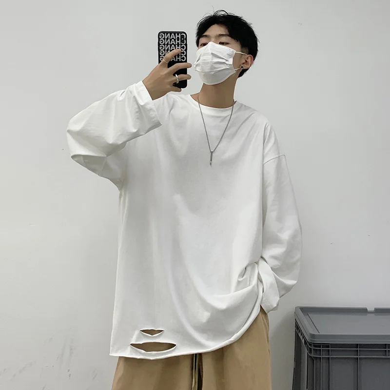 

Black Gray White Long Sleeved T-shirt Men Fashion Oversized Hole T Shirt Men Streetwear Hip-hop Loose Pullover Tshirt Mens Top