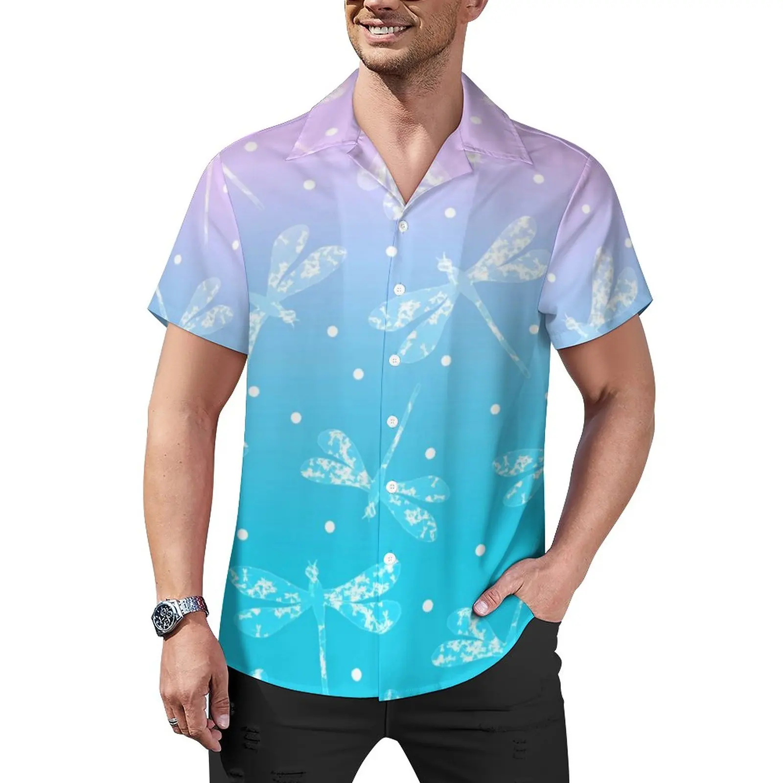 

Pink Aqua Ombre Loose Shirt Male Beach Dragonflies Print Casual Shirts Summer Pattern Short Sleeve Vintage Oversized Blouses