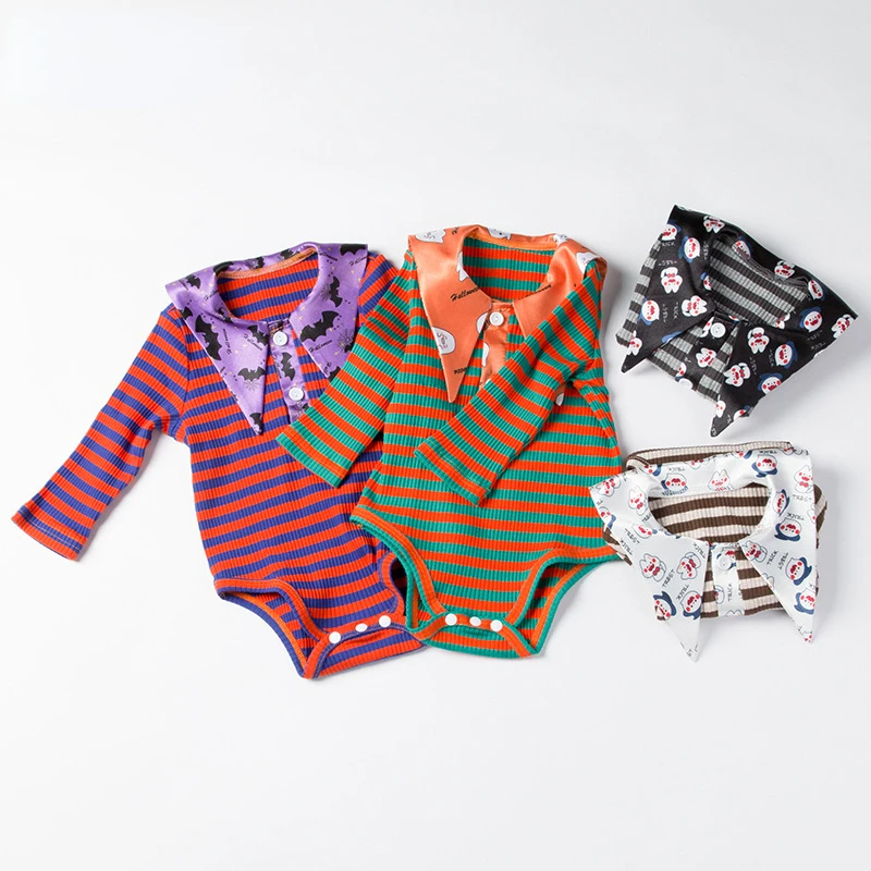 

0-3Y Baby Halloween Costume Baby Girls Boys Cute Striped Print Rompers Pumpkin Print Long Sleeve Bodysuits Stripe Jumpsuits