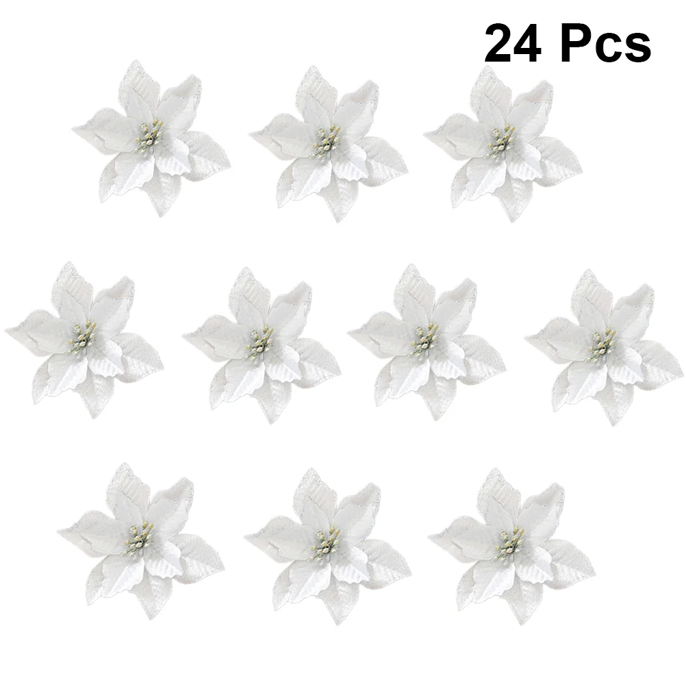 

24 Pcs White Artificial Flowers Poinsettias Crafting Decorate Hollow Simulation Flowers Artificial Poinsettia Glitter Poinsettia