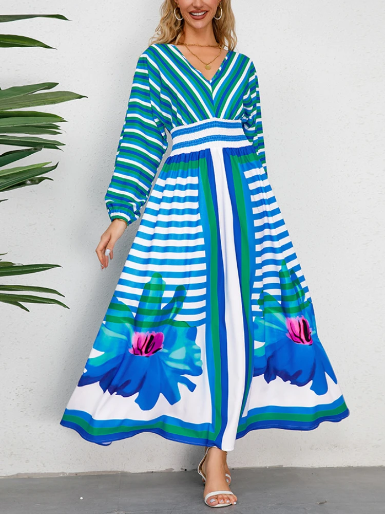 

Dresses for Women New 2023 Autumn Elegant V-neck Print Sexy Lace-up Backless Party Robe Vintage Fashion Oversized Fairy Dress