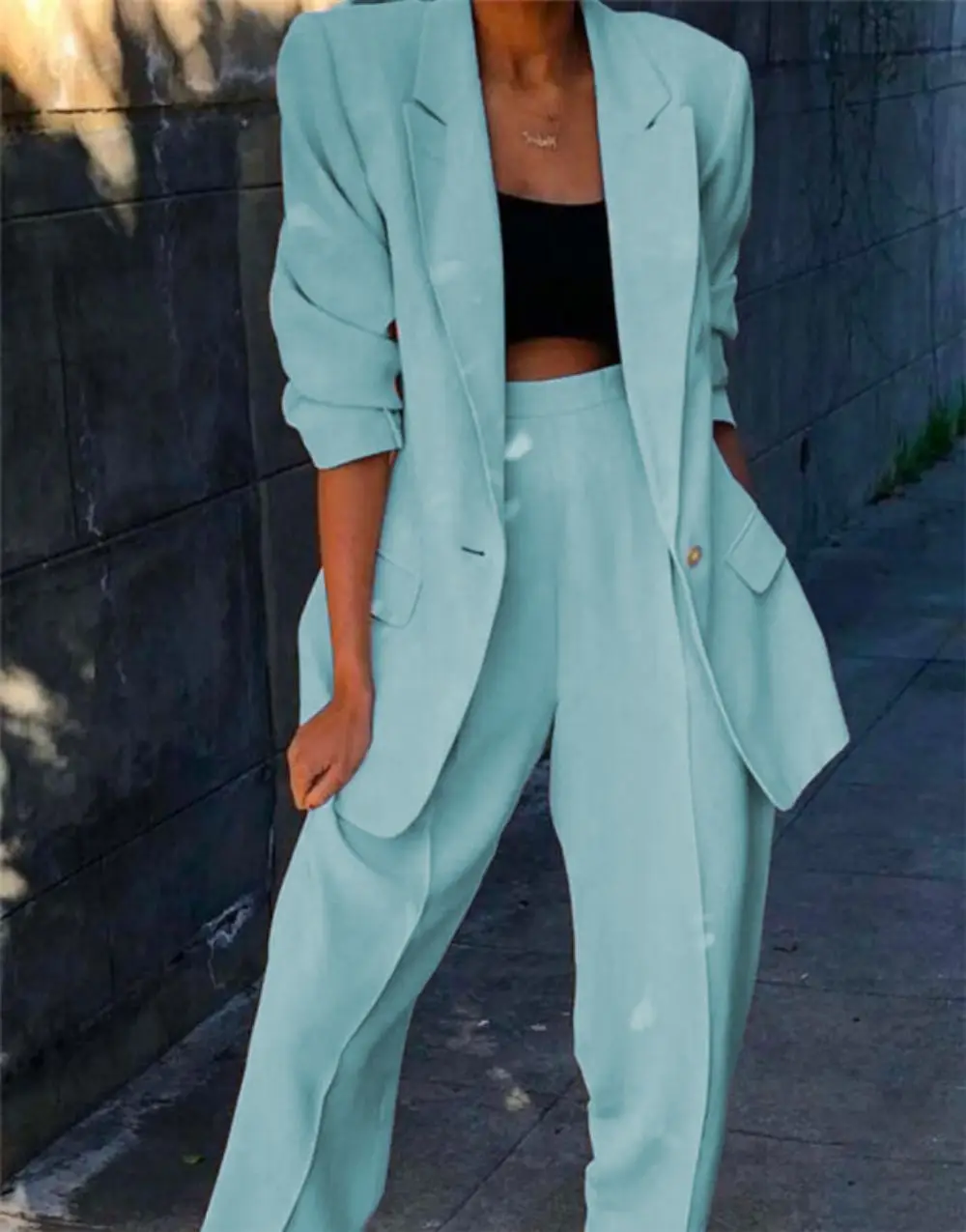 Light Green Women Suits 2 Pcs Peak Lapel Office Ladies Business Jacket+Pants Formal Loose Blazer Uniform Style Female Pantsuit