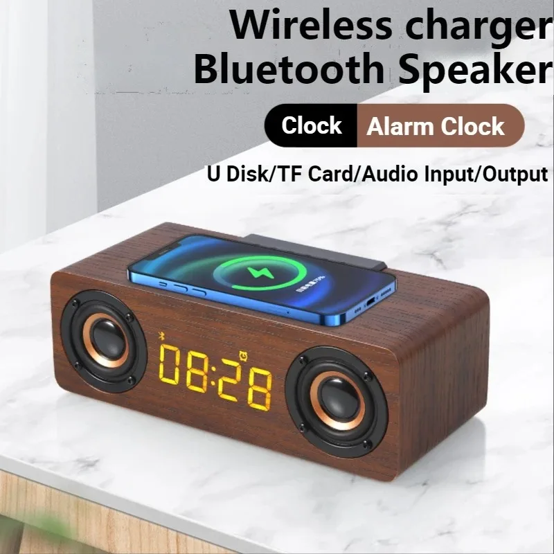 

Multi Function Wooden Portable HiFi Speaker Subwoofer Fm Radio Alarm Clock 1500mah 10w Wireless Charging Pad Desktop Speakers