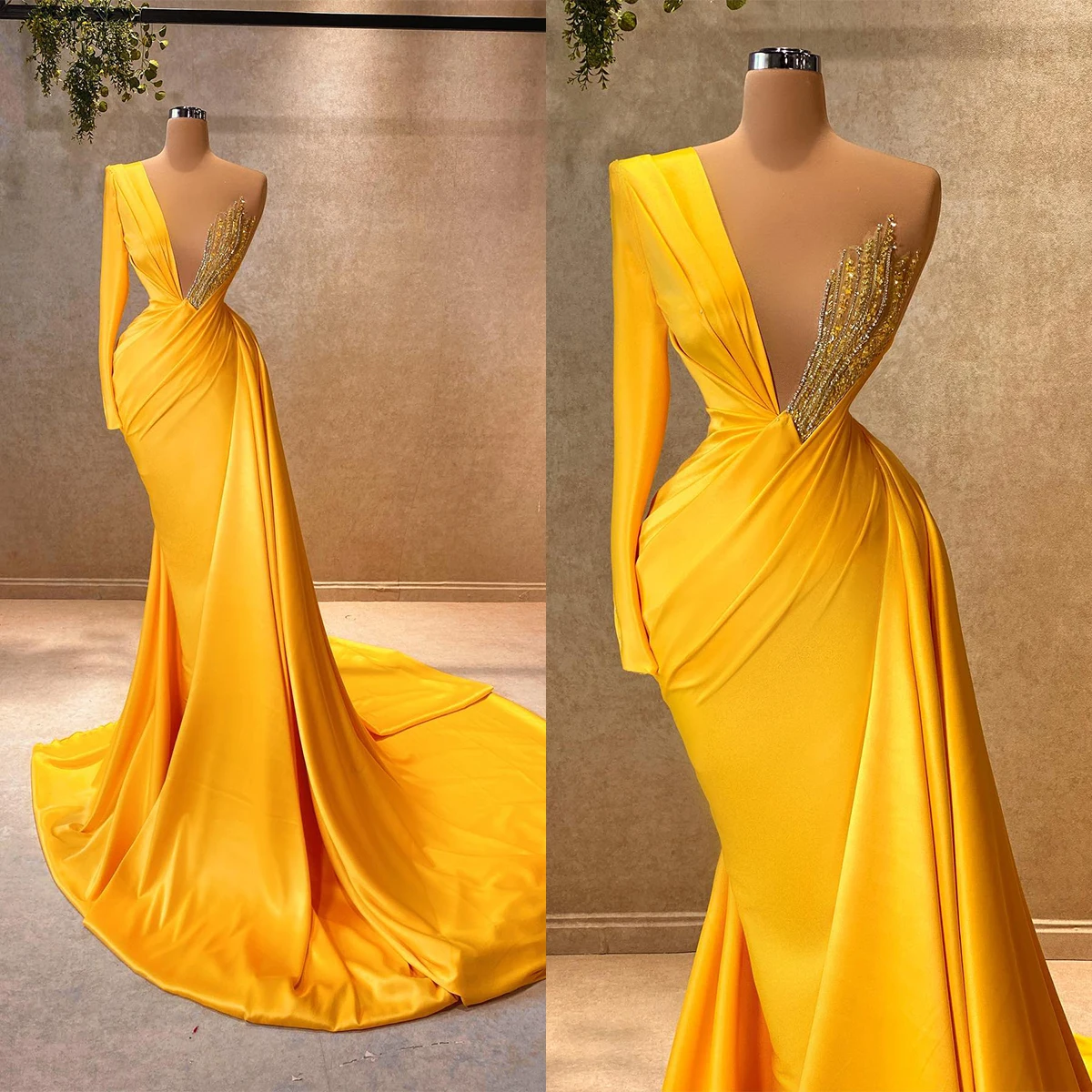 

Elegant Yellow Satin Mermaid Evening Dresses One Shoulder Long Sleeve Sequin Party Dress Celebrity Custom