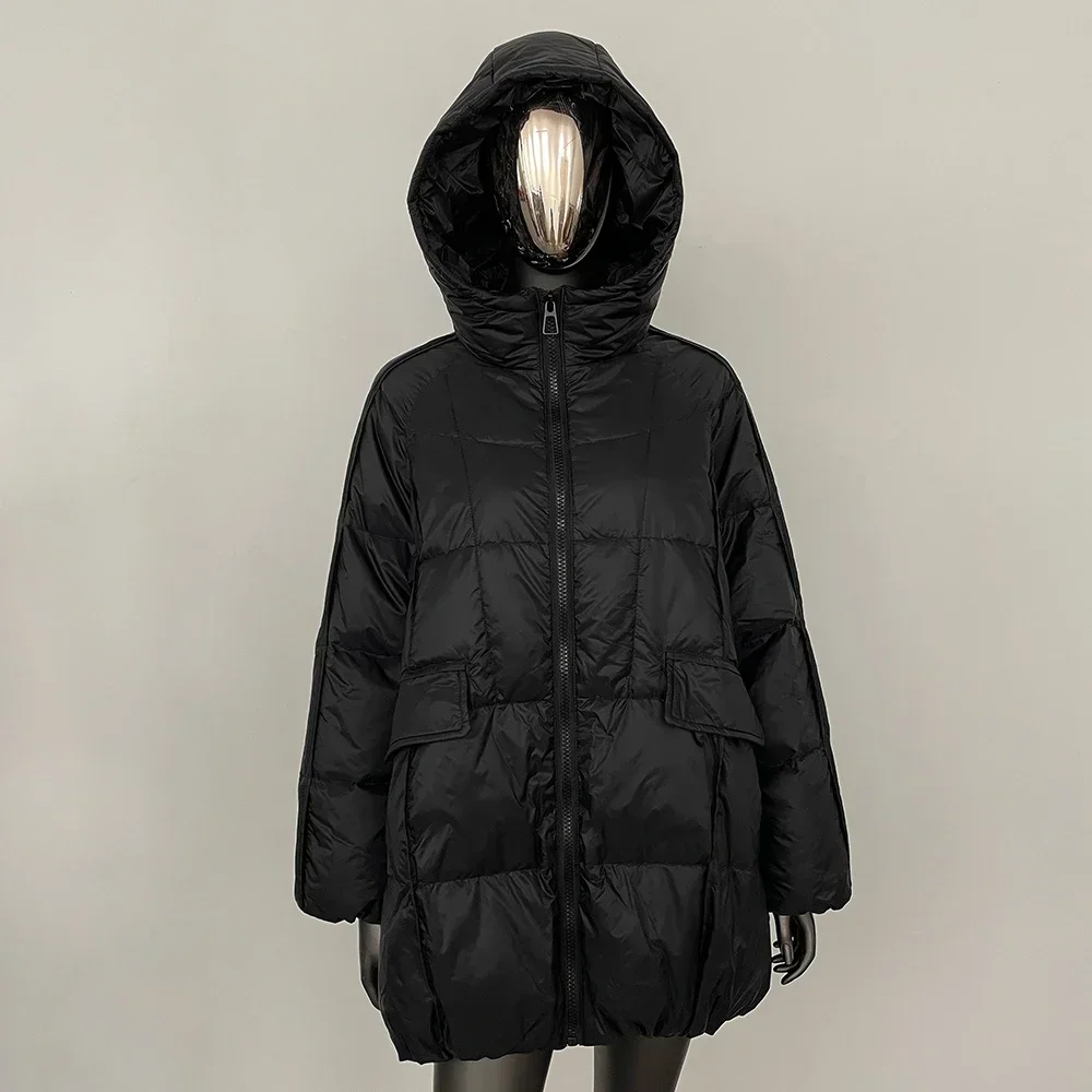 Женский пуховик с капюшоном свободная теплая куртка на белом утином пуху осень и