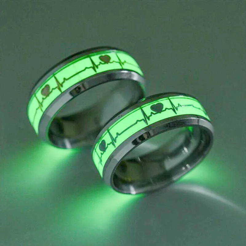 

Simple stainless steel luminous heartbeat ring female European and American fashion ECG couple titanium steel ring