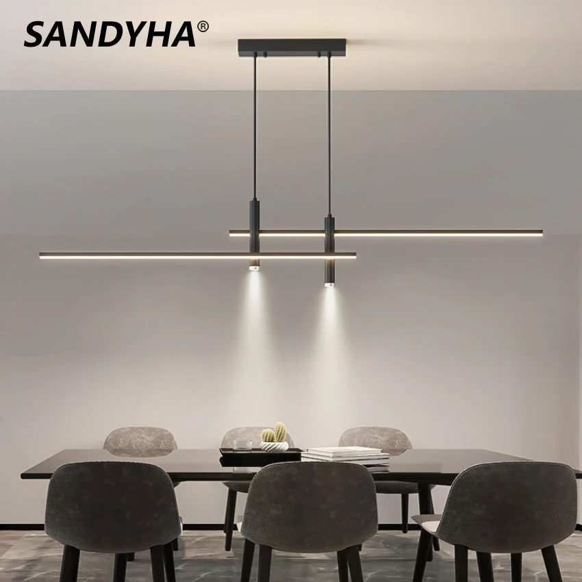 

SANDYHA Pendant Light Modern Simple Black Gold Long Strip with Spotlight Chandelier Led Lamp for Dining Room Lampara De Techo