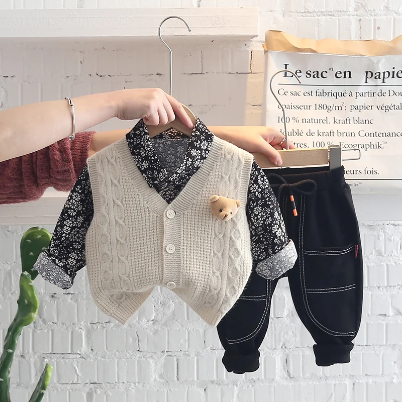 

Baby Boys Clothing Sets 2022 Spring Toddler Infant Clothes Kids Knitted Vest Printed Shirt Pants 3 Piece Suit Children Outfits