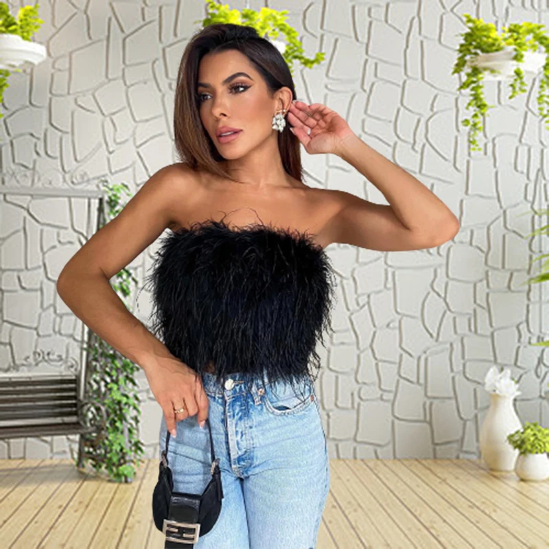 Sexy Feather Cropped Tank Top Women Fashion Fluffy Backless Solid Tube Tops Female 2023 Spring Summer Lady New Party Club Vest