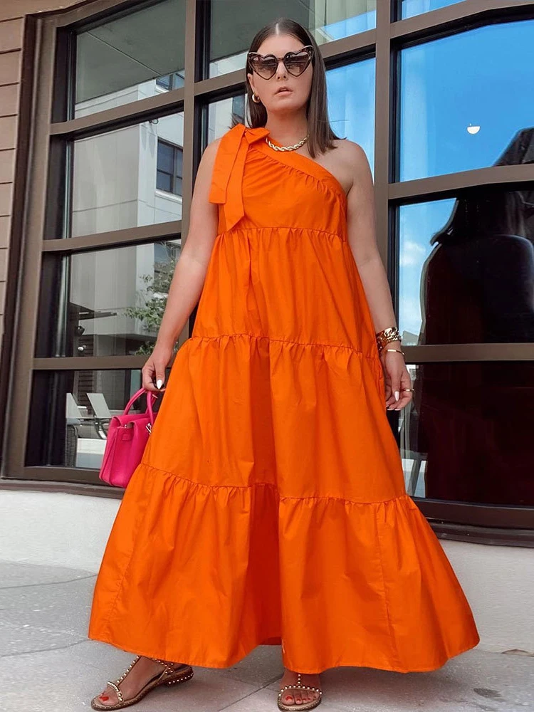 

Beach Styles One Shoulder Sleeveless Boho Dress for Ladies Solid Color Backless Pleated Big Swing Holiday Vacation Maxi Dresses