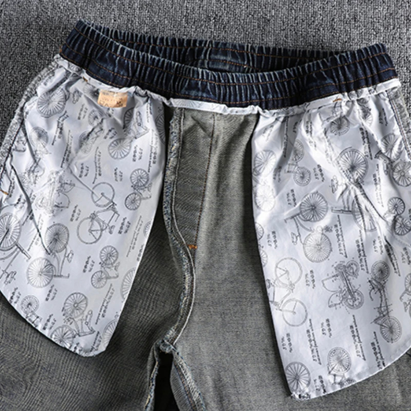 Elastic waist washed nostalgic blue jeans men's stereo cut loose straight feet retro trend youth trousers