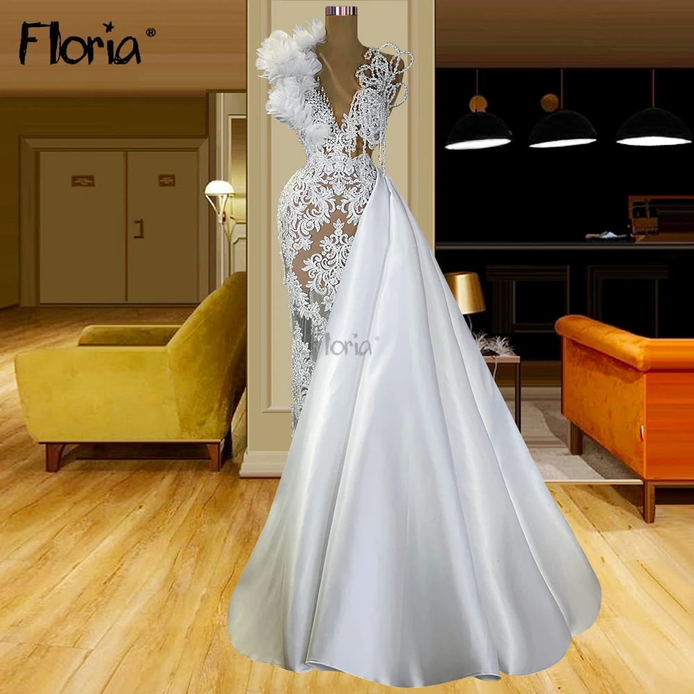 

Vestido De Novia Deep V Neck Pearls Wedding Dress Custom Made Lace Appliqued Beaded Bridal Gowns Vestido de Festa Arabic
