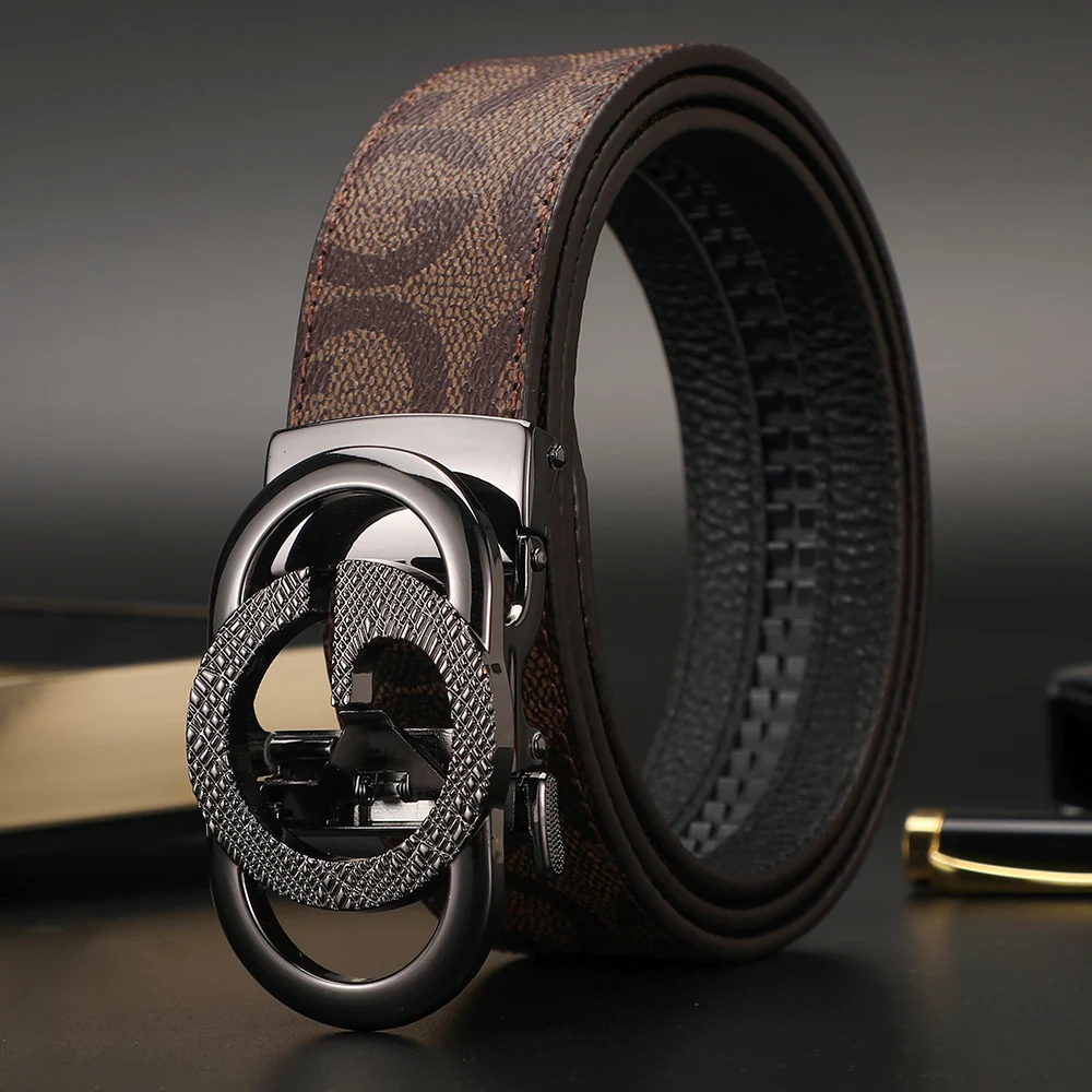 Width 3.4cm Men's Belt Business Formal Real Cowhide Leather Canvas Belt High Quality Metal Automatic Buckle Belt For man jeans