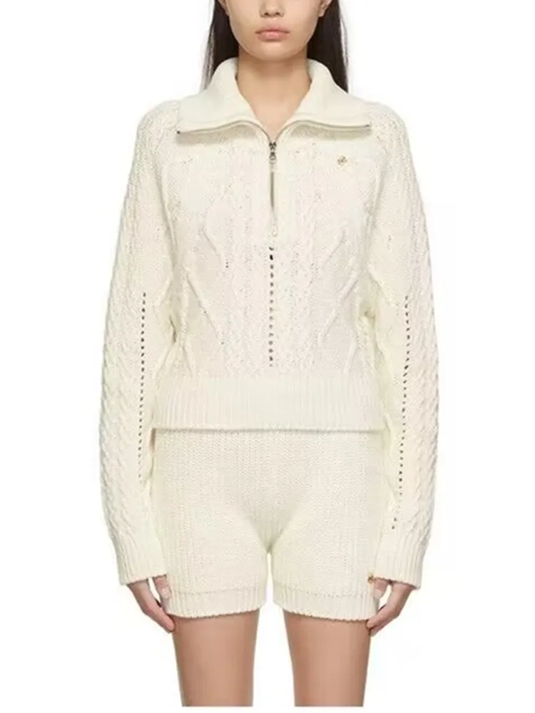 

Women Knitwear Twist Striped Hollow Half Zip Turn Down Collar Long Sleeve Elegant Sweater