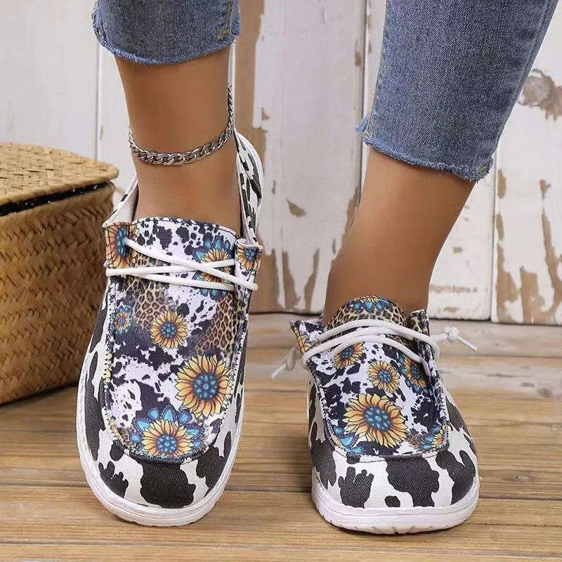 

Кеды женские с круглым носком, холщовые низкие кроссовки с принтом подсолнухов, на шнуровке, Повседневная Удобная уличная спортивная обувь без шнуровки