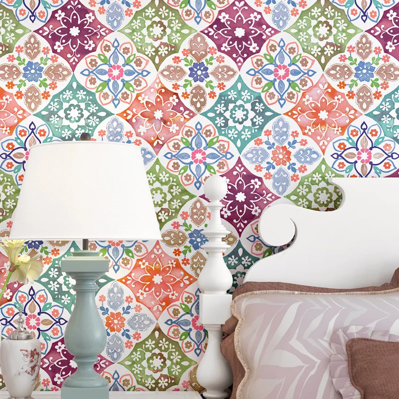 

Imitation Tile Wallpaper Bohemian National Style Mediterranean Southeast Asian Style Living Room Bedroom TV Background Wallpaper